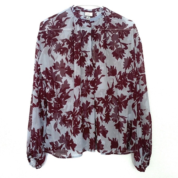 A New Day Blue Burgundy Leaf Print Popover Blouse - Picture 3 of 8